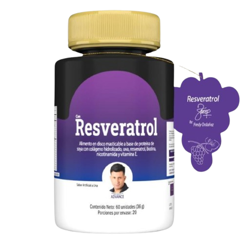 Frasco de Resveratrol AMBRA con colágeno y biotina, 60 discos masticables sabor uva